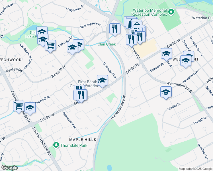 map of restaurants, bars, coffee shops, grocery stores, and more near 300 Erb Street West in Waterloo