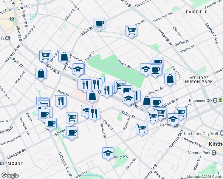map of restaurants, bars, coffee shops, grocery stores, and more near 812 King Street West in Kitchener