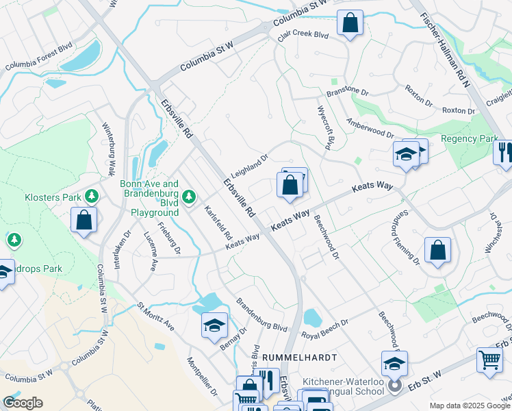 map of restaurants, bars, coffee shops, grocery stores, and more near 502 Mountbatten Avenue in Waterloo