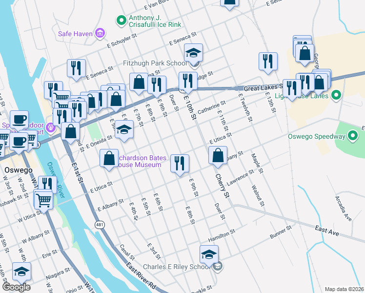 map of restaurants, bars, coffee shops, grocery stores, and more near 113 East Utica Street in Oswego