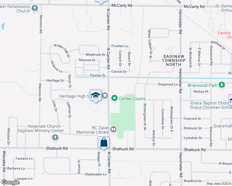 map of restaurants, bars, coffee shops, grocery stores, and more near 3320 North Center Road in Saginaw