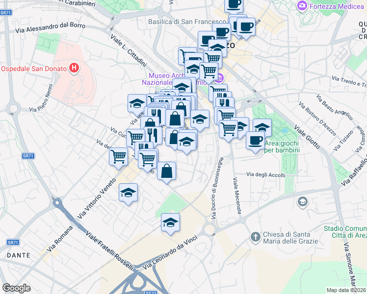 map of restaurants, bars, coffee shops, grocery stores, and more near 19 Via Ombrone in Arezzo