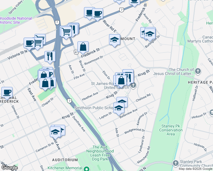 map of restaurants, bars, coffee shops, grocery stores, and more near 73 Cambridge Avenue in Kitchener