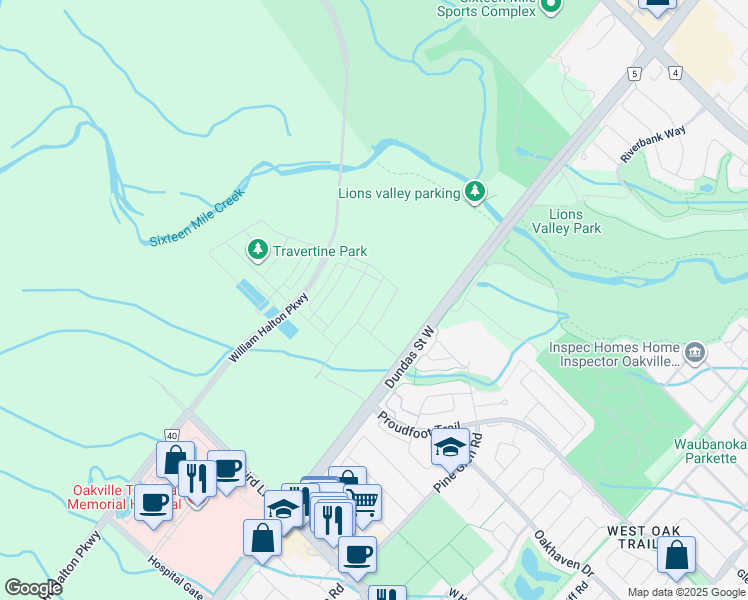 map of restaurants, bars, coffee shops, grocery stores, and more near 1361 Dundas Street West in Oakville
