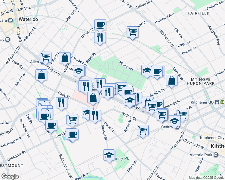 map of restaurants, bars, coffee shops, grocery stores, and more near 800 King Street West in Kitchener