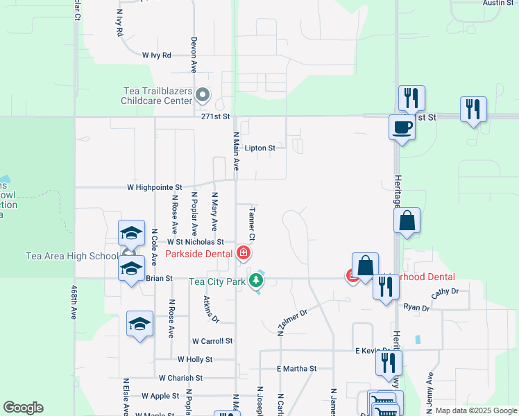 map of restaurants, bars, coffee shops, grocery stores, and more near 1015 Tanner Court in Tea