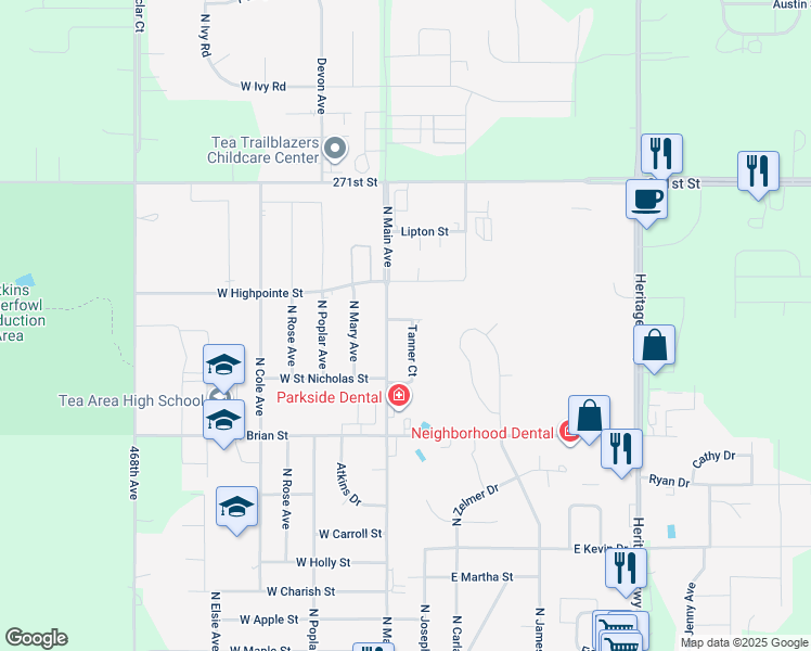 map of restaurants, bars, coffee shops, grocery stores, and more near 1015 Tanner Court in Tea