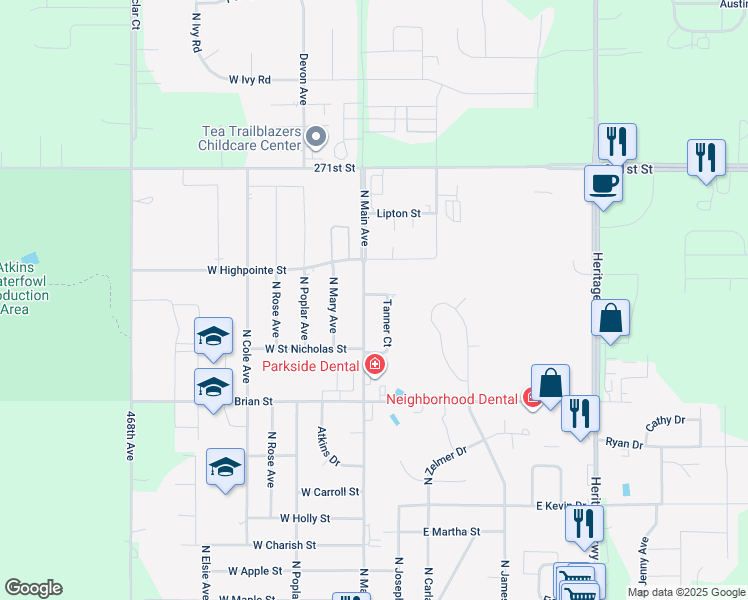 map of restaurants, bars, coffee shops, grocery stores, and more near 1015 Tanner Court in Tea