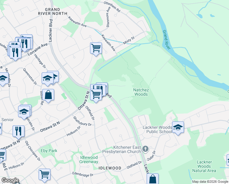 map of restaurants, bars, coffee shops, grocery stores, and more near 1201 Lackner Boulevard in Kitchener