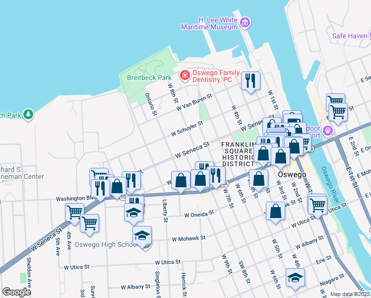 map of restaurants, bars, coffee shops, grocery stores, and more near 111 West Seneca Street in Oswego