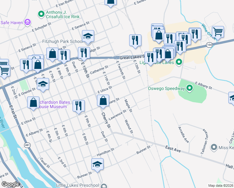 map of restaurants, bars, coffee shops, grocery stores, and more near 266 East 11th Street in Oswego