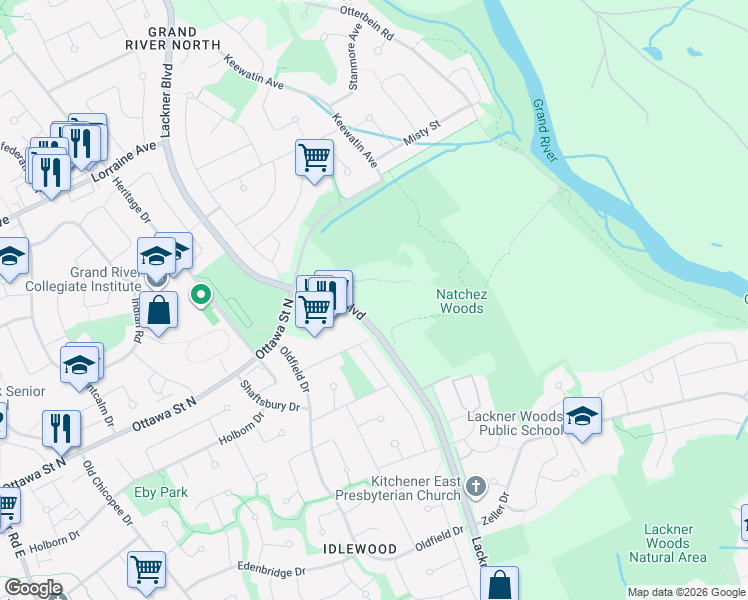 map of restaurants, bars, coffee shops, grocery stores, and more near 1201 Lackner Boulevard in Kitchener