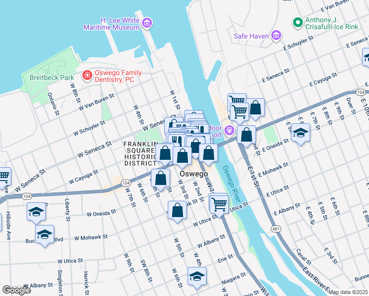 map of restaurants, bars, coffee shops, grocery stores, and more near 111 West 2nd Street in Oswego