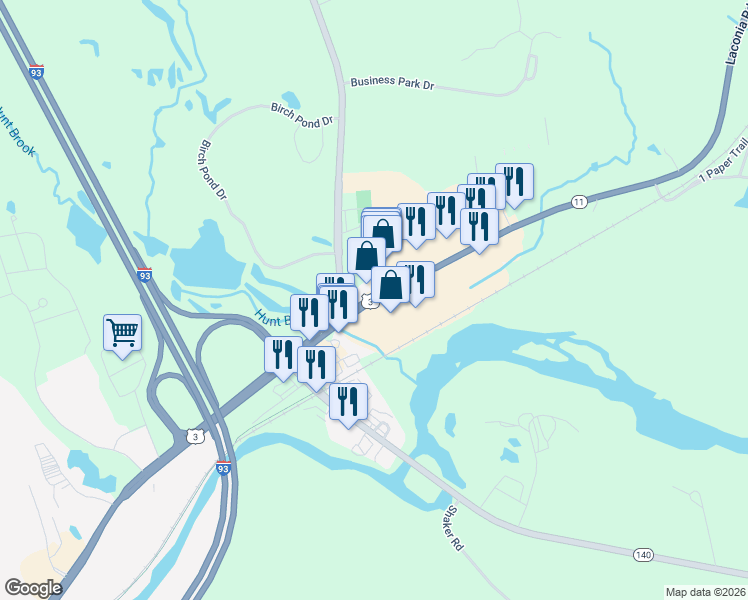 map of restaurants, bars, coffee shops, grocery stores, and more near 114 Laconia Road in Tilton