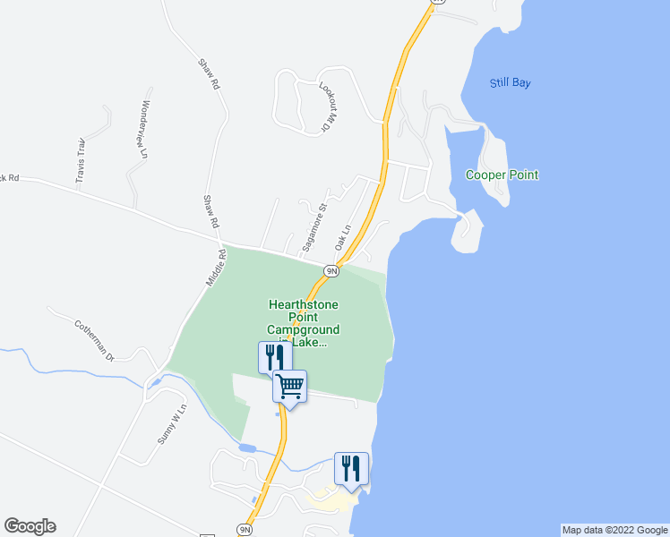 map of restaurants, bars, coffee shops, grocery stores, and more near Lake Shore Drive & Flat Rock Road in Lake George