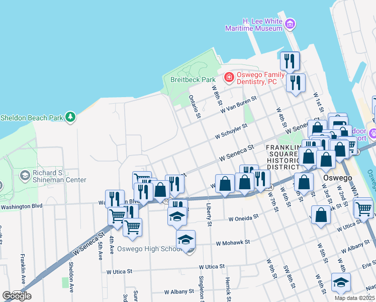 map of restaurants, bars, coffee shops, grocery stores, and more near 56 Liberty Street in Oswego