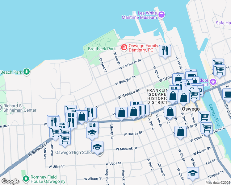 map of restaurants, bars, coffee shops, grocery stores, and more near 69 Ontario Street in Oswego