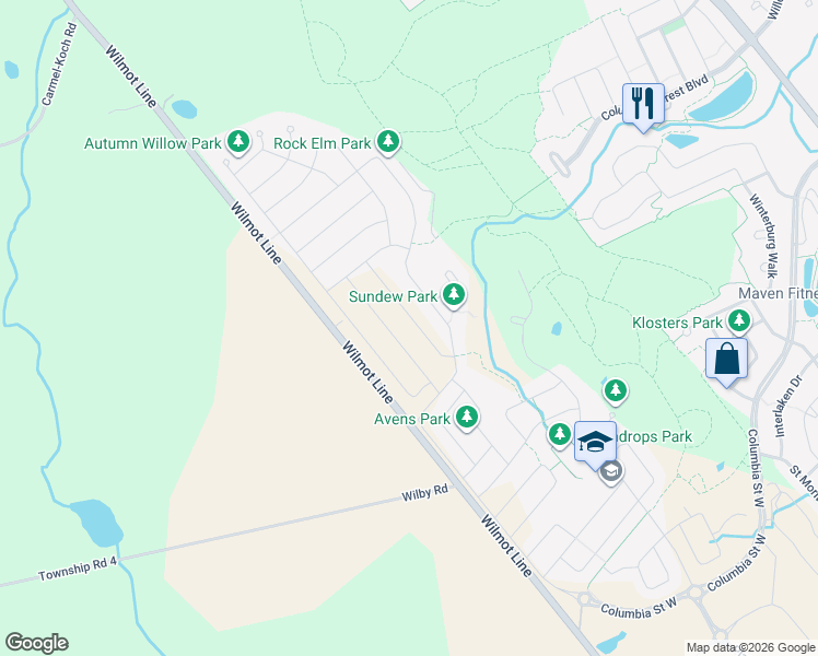 map of restaurants, bars, coffee shops, grocery stores, and more near 335 Canada Plum Street in Waterloo
