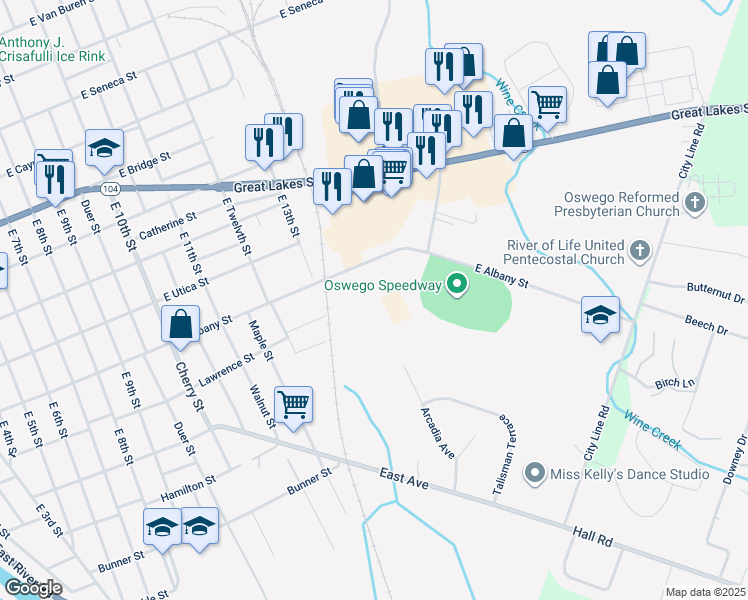 map of restaurants, bars, coffee shops, grocery stores, and more near 198 East Albany Street in Oswego