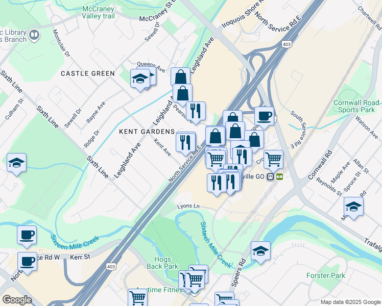 map of restaurants, bars, coffee shops, grocery stores, and more near 133 North Service Road East in Oakville