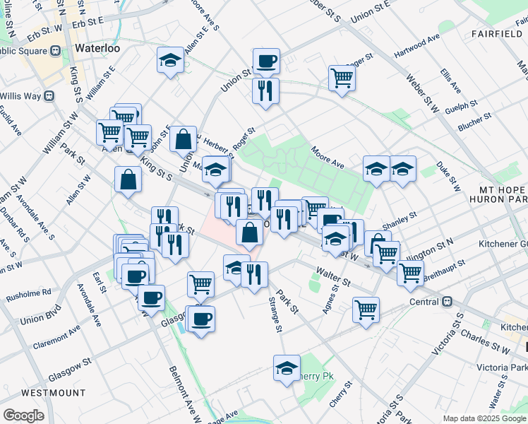 map of restaurants, bars, coffee shops, grocery stores, and more near 850 King Street West in Kitchener