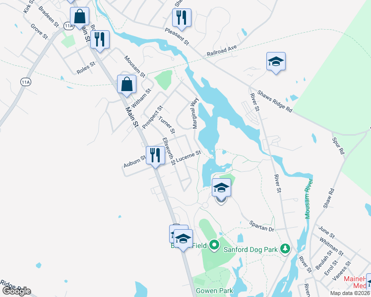 map of restaurants, bars, coffee shops, grocery stores, and more near 8 Lucerne Street in Sanford