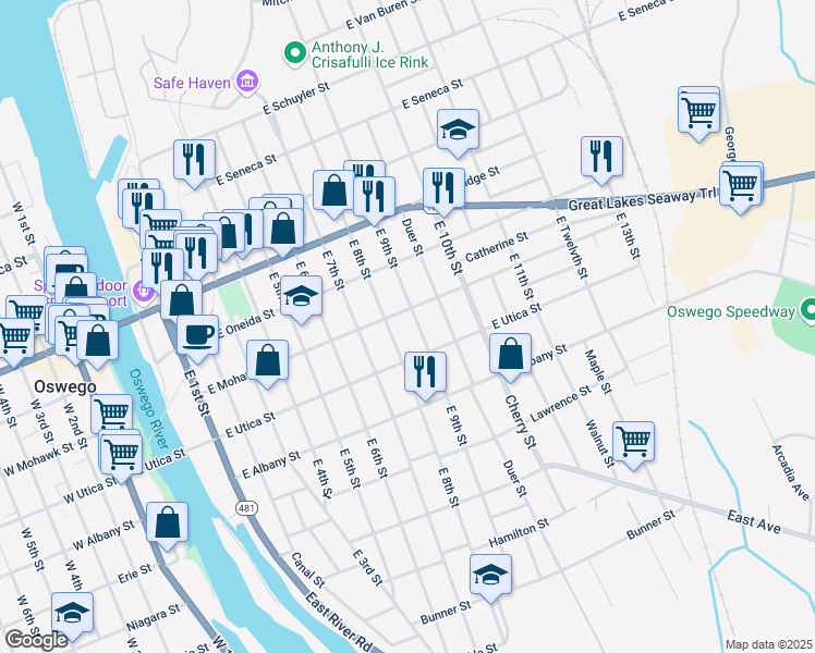 map of restaurants, bars, coffee shops, grocery stores, and more near 140-142 East 8th Street in Oswego