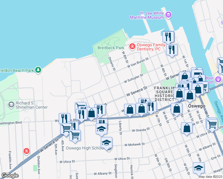 map of restaurants, bars, coffee shops, grocery stores, and more near 64 Liberty Street in Oswego