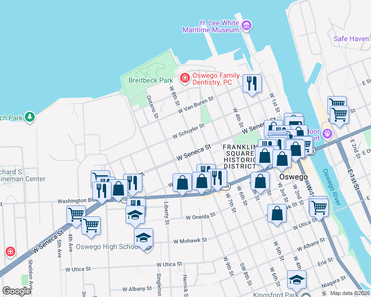 map of restaurants, bars, coffee shops, grocery stores, and more near 118 West Seneca Street in Oswego