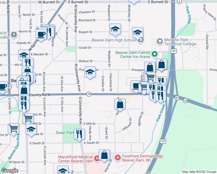 map of restaurants, bars, coffee shops, grocery stores, and more near 500 Park Avenue in Beaver Dam