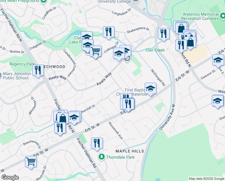 map of restaurants, bars, coffee shops, grocery stores, and more near 111 Churchill Street in Waterloo