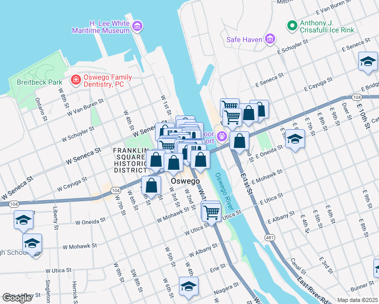 map of restaurants, bars, coffee shops, grocery stores, and more near 189 West 1st Street in Oswego