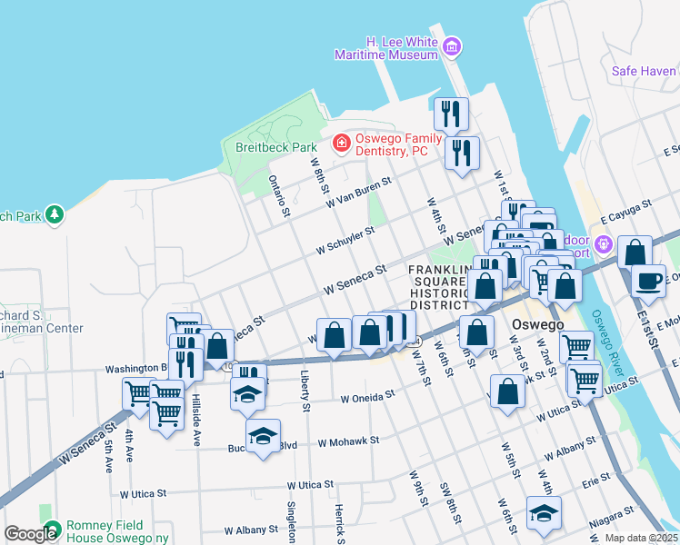 map of restaurants, bars, coffee shops, grocery stores, and more near 118 West Seneca Street in Oswego