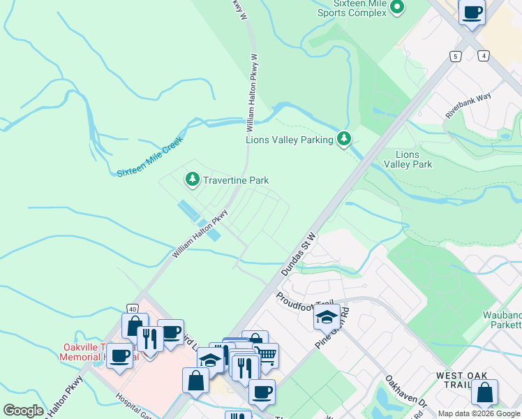 map of restaurants, bars, coffee shops, grocery stores, and more near 1340 Kaniv Street in Oakville