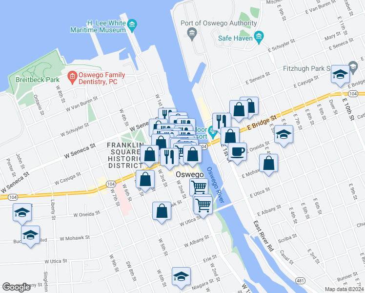 map of restaurants, bars, coffee shops, grocery stores, and more near 171 West 1st Street in Oswego