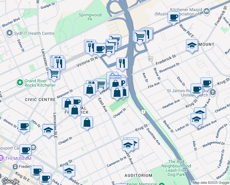 map of restaurants, bars, coffee shops, grocery stores, and more near 385 Frederick Street in Kitchener