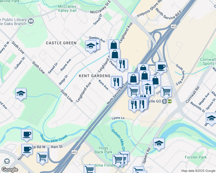 map of restaurants, bars, coffee shops, grocery stores, and more near 1041 Kent Avenue in Oakville