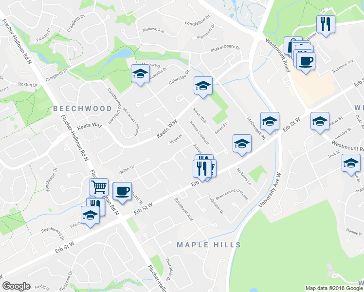 map of restaurants, bars, coffee shops, grocery stores, and more near 111 Churchill Street in Waterloo