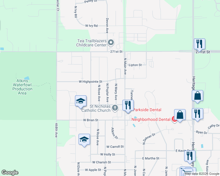 map of restaurants, bars, coffee shops, grocery stores, and more near 1030 North Poplar Avenue in Tea