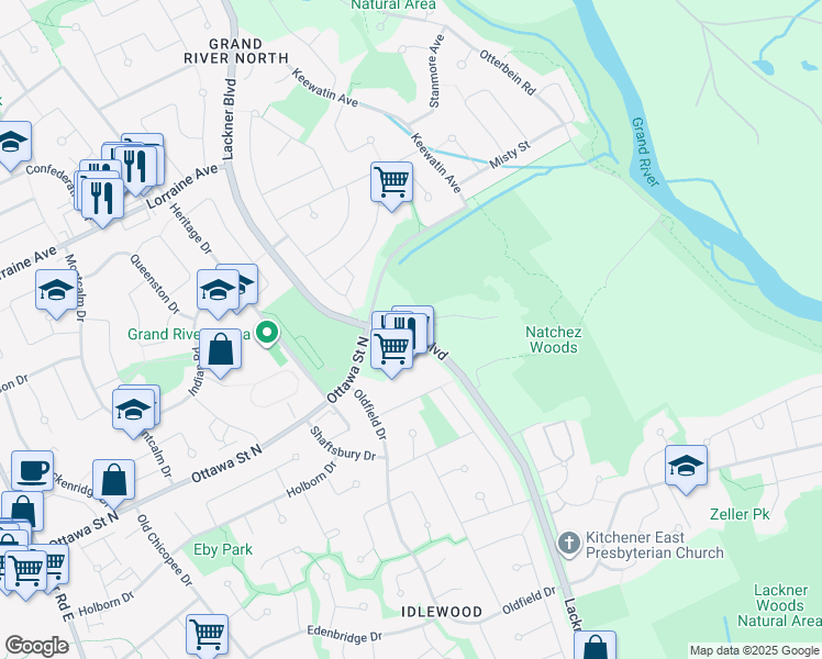 map of restaurants, bars, coffee shops, grocery stores, and more near 1000 Lackner Boulevard in Kitchener