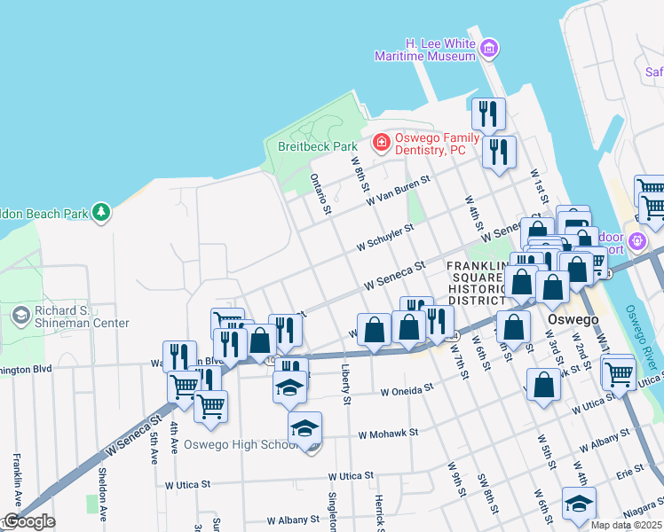 map of restaurants, bars, coffee shops, grocery stores, and more near 138 West Schuyler Street in Oswego