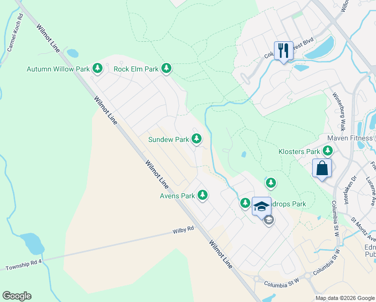 map of restaurants, bars, coffee shops, grocery stores, and more near 541 Sundew Drive in Waterloo