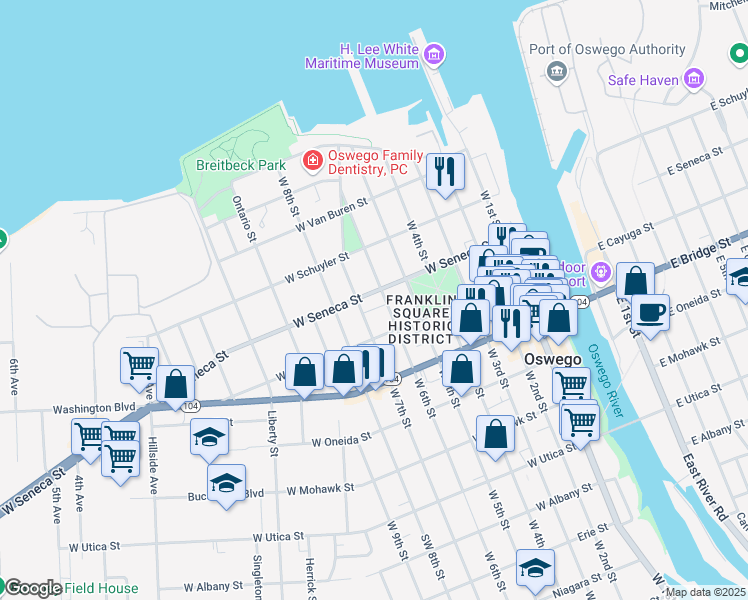 map of restaurants, bars, coffee shops, grocery stores, and more near 74 -- 76 West 6th Street in Oswego