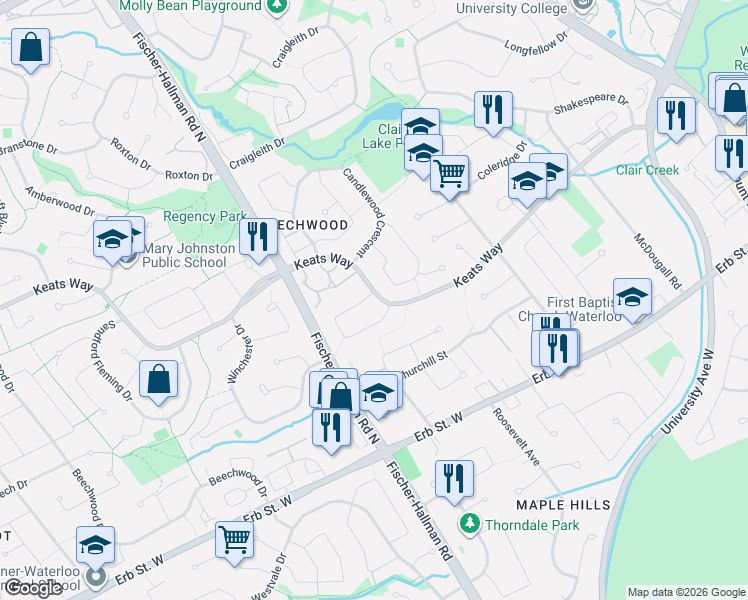 map of restaurants, bars, coffee shops, grocery stores, and more near 466 Midwood Crescent in Waterloo