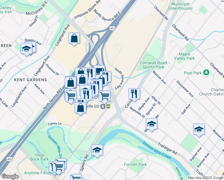 map of restaurants, bars, coffee shops, grocery stores, and more near Trafalgar Road in Oakville