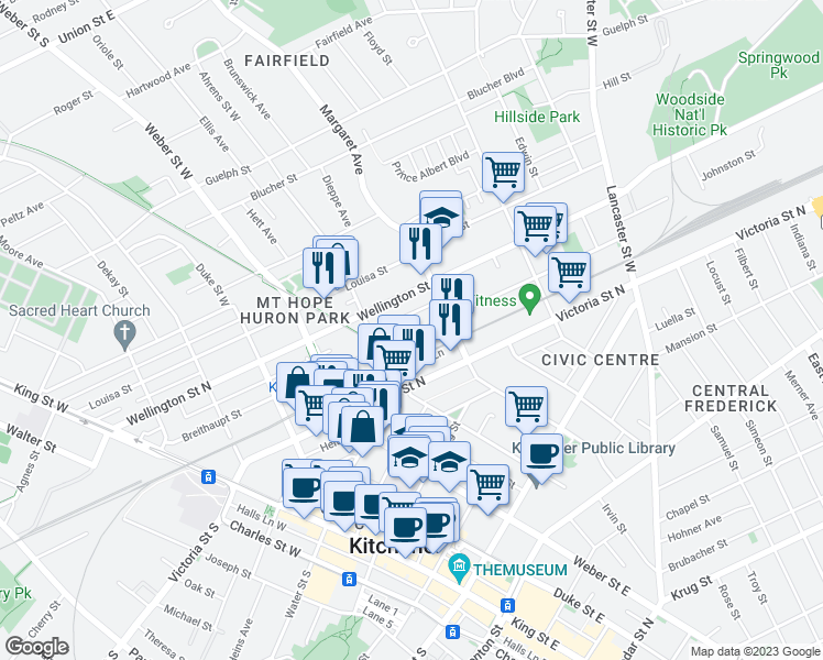 map of restaurants, bars, coffee shops, grocery stores, and more near 202 Breithaupt Street in Kitchener