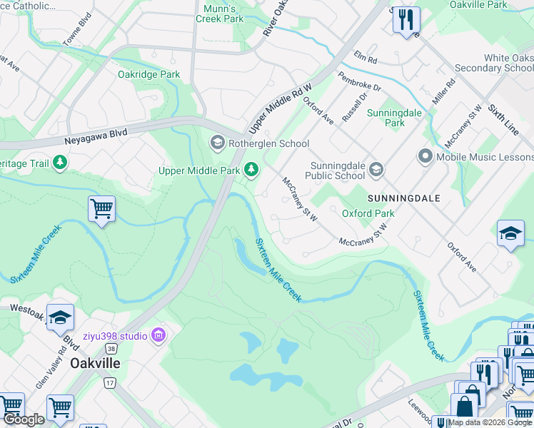 map of restaurants, bars, coffee shops, grocery stores, and more near 287 Royal Albert Court in Oakville