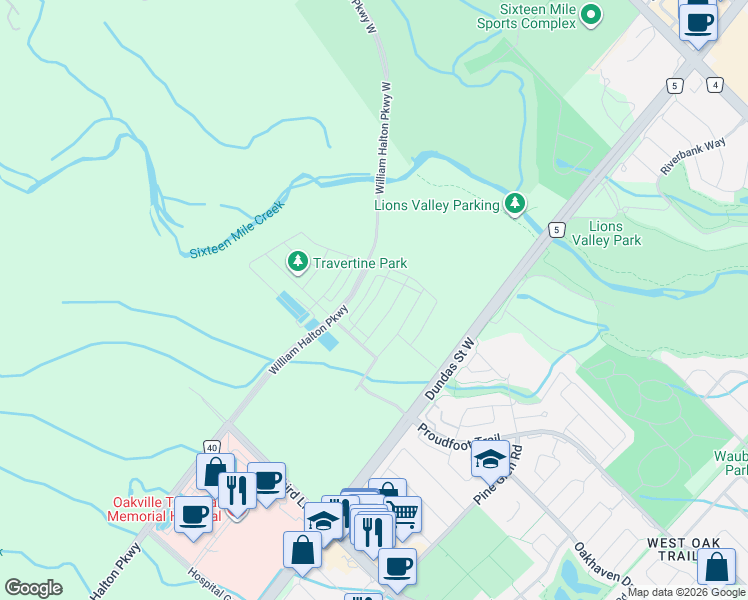 map of restaurants, bars, coffee shops, grocery stores, and more near 1334 Kobzar Drive in Oakville