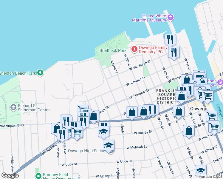 map of restaurants, bars, coffee shops, grocery stores, and more near 37-39 Liberty Street in Oswego