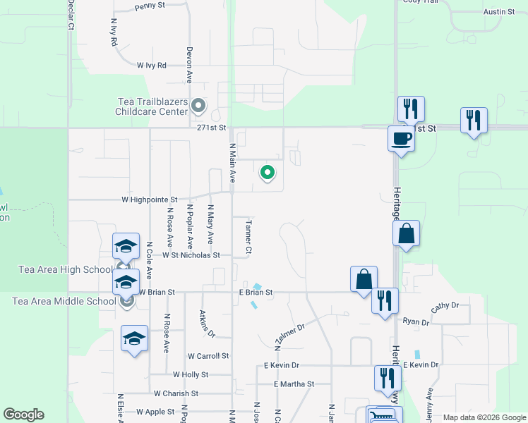 map of restaurants, bars, coffee shops, grocery stores, and more near 201 E West High Point Street in Tea